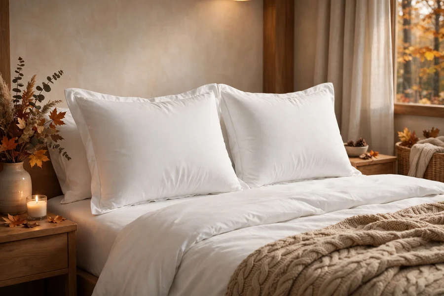 Two plush white hotel-style bed pillows on a freshly made bed