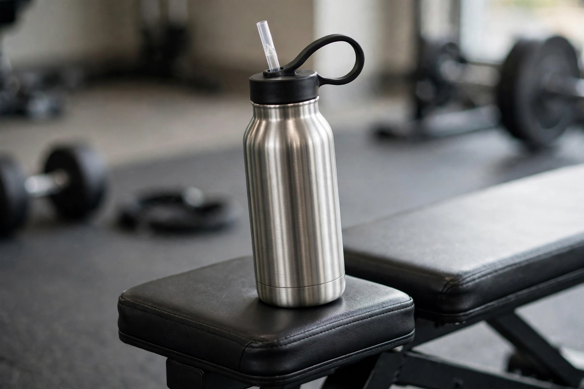 Insulated stainless steel water bottle with straw lid and carry loop on a gym bench