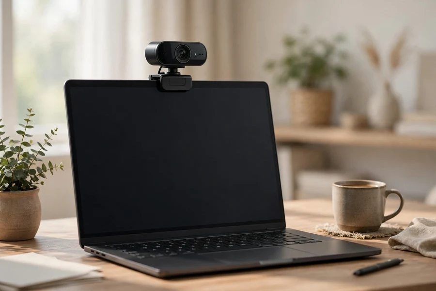 Compact black Full HD webcam mounted on a laptop screen on a home office desk