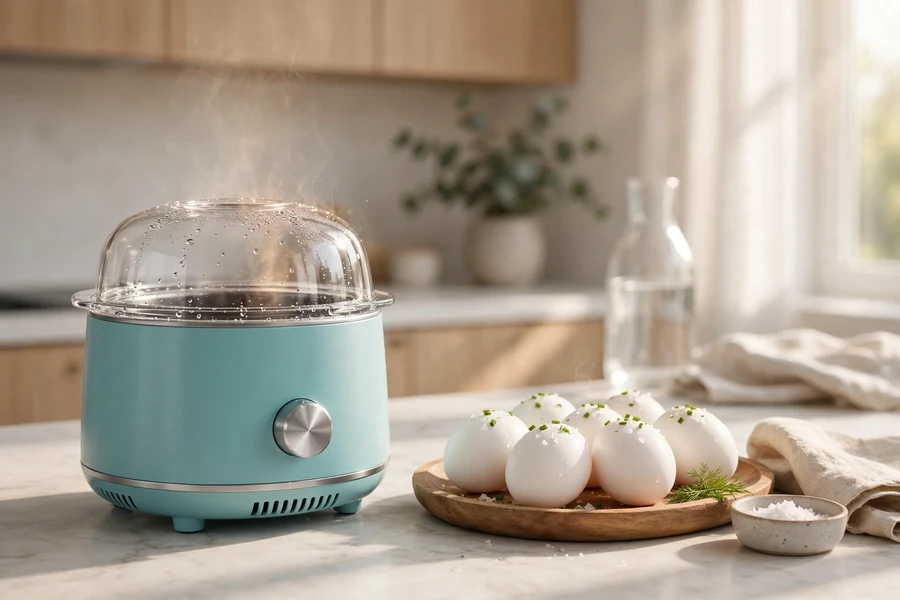 Compact aqua electric egg cooker with freshly cooked eggs on a kitchen counter