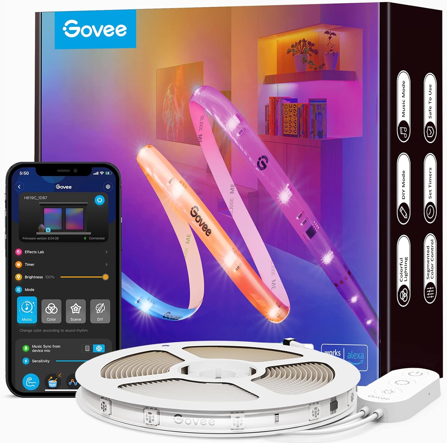 Govee RGBIC LED strip lights with app control and packaging