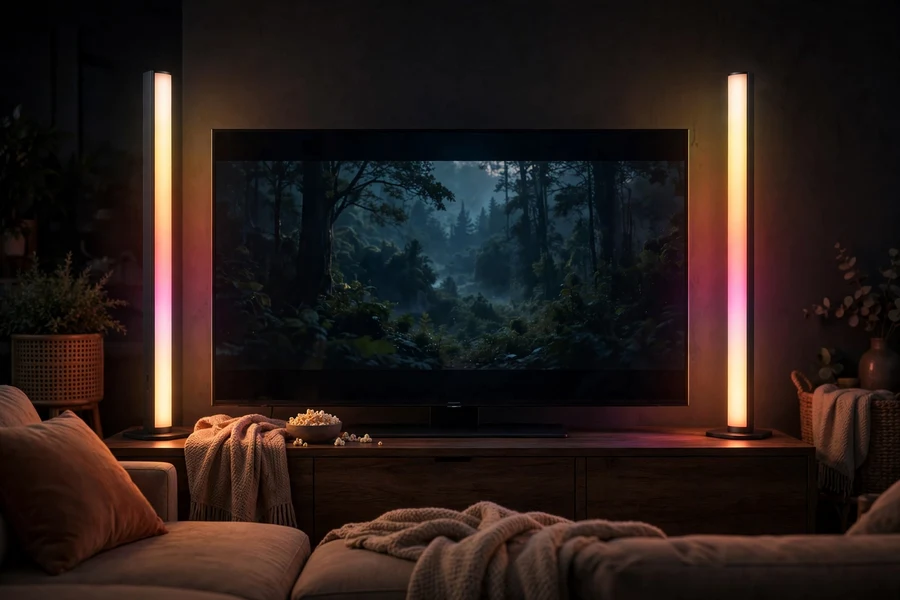 Slim smart light bars glowing in warm color beside a living-room television