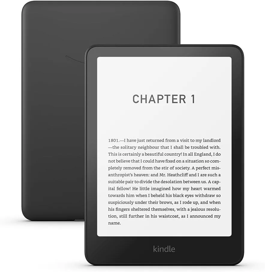 Amazon Kindle e-reader showing an open book page on its glare-free screen