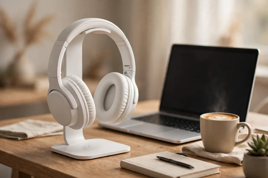 White wireless over-ear noise-cancelling headphones on a work desk