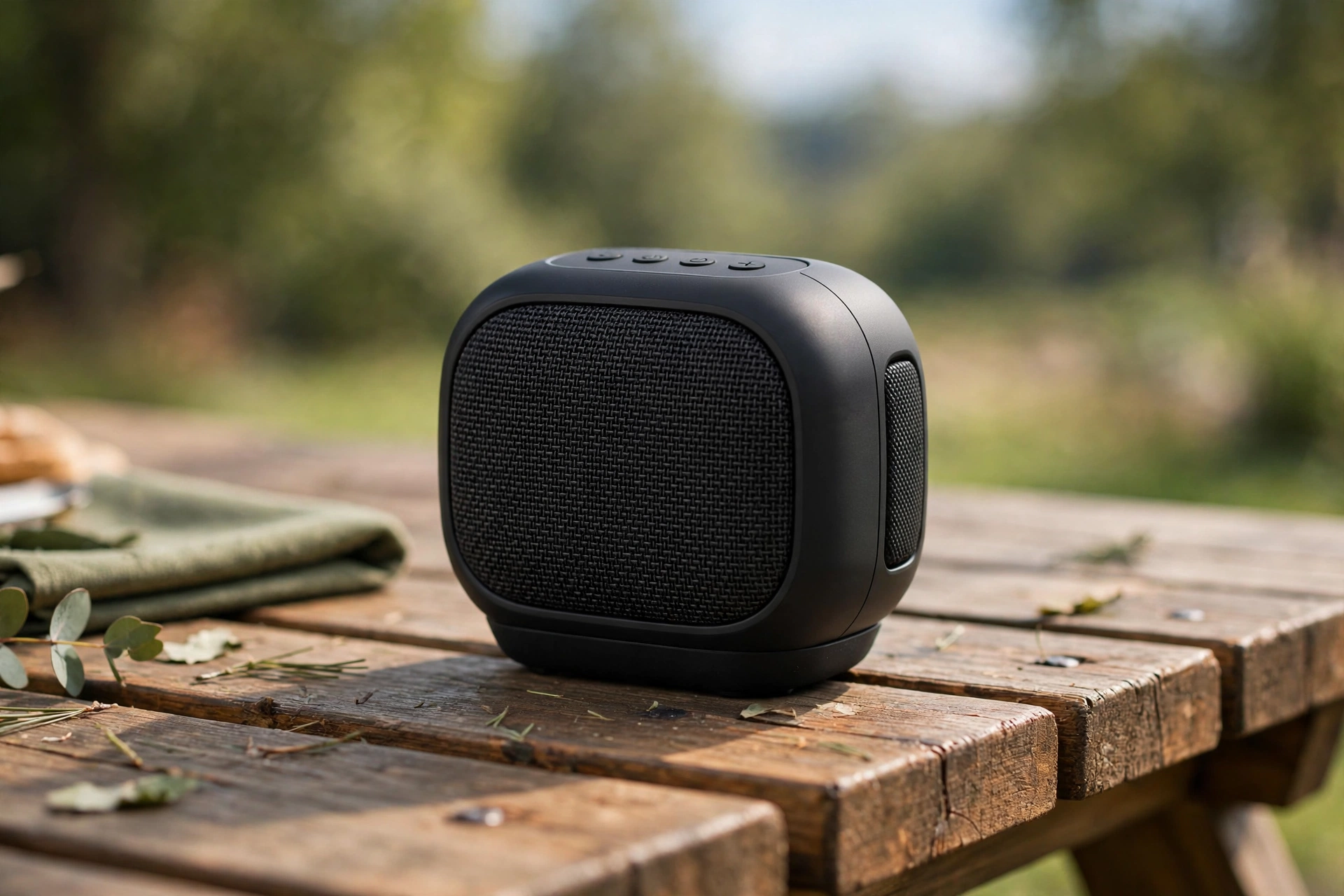 Small black portable Bluetooth speaker on an outdoor picnic table