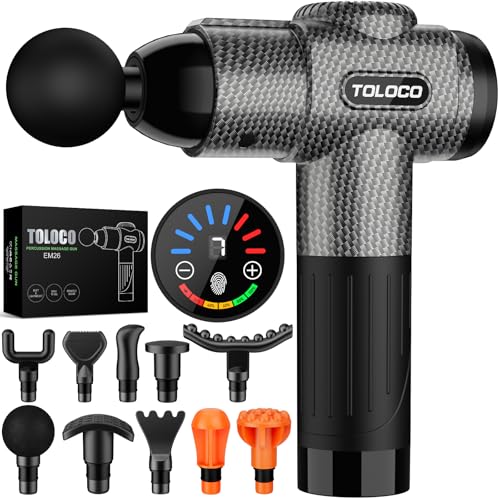 TOLOCO EM26 deep tissue massage gun in carbon finish with its 10 massage heads and LED touch display